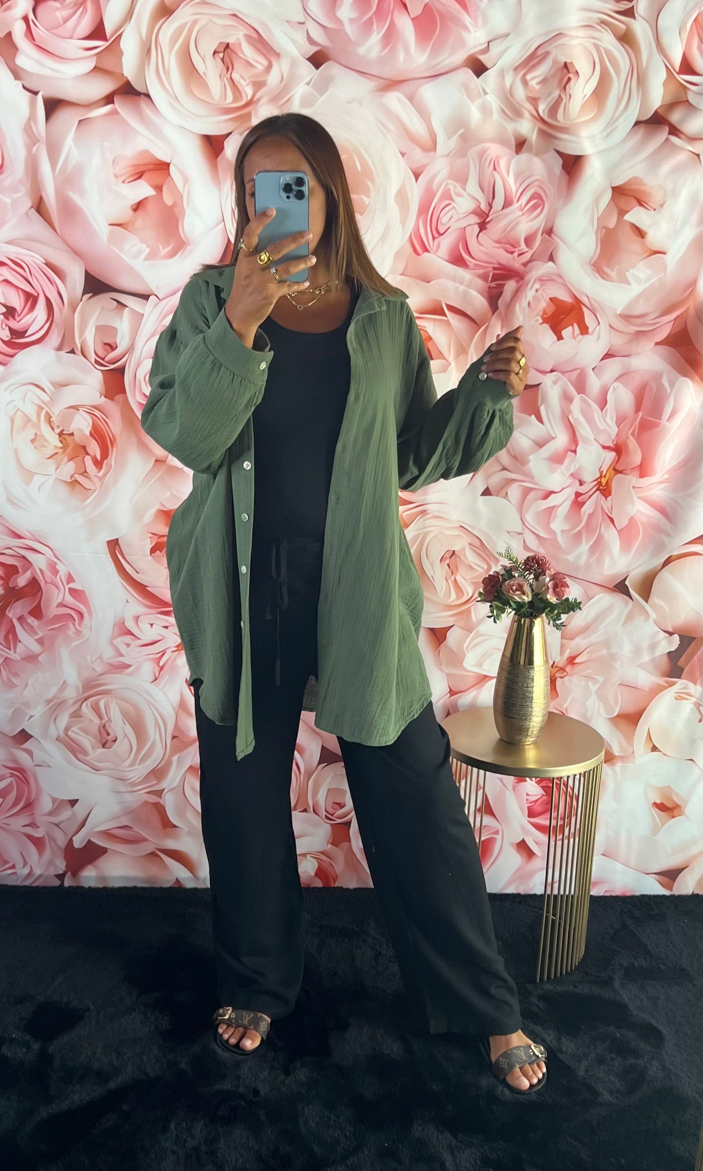 Chemise Gaz de Coton Kaki Motif Œil