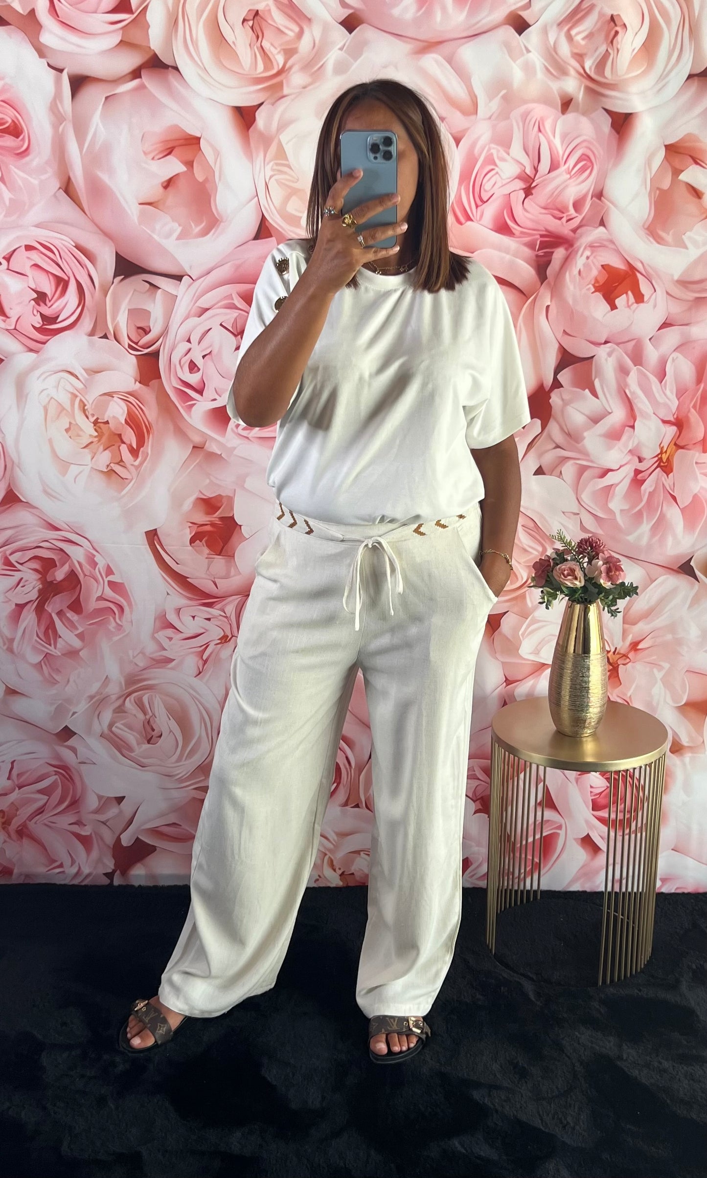 Pantalon Lin Beige avec petite ceinture