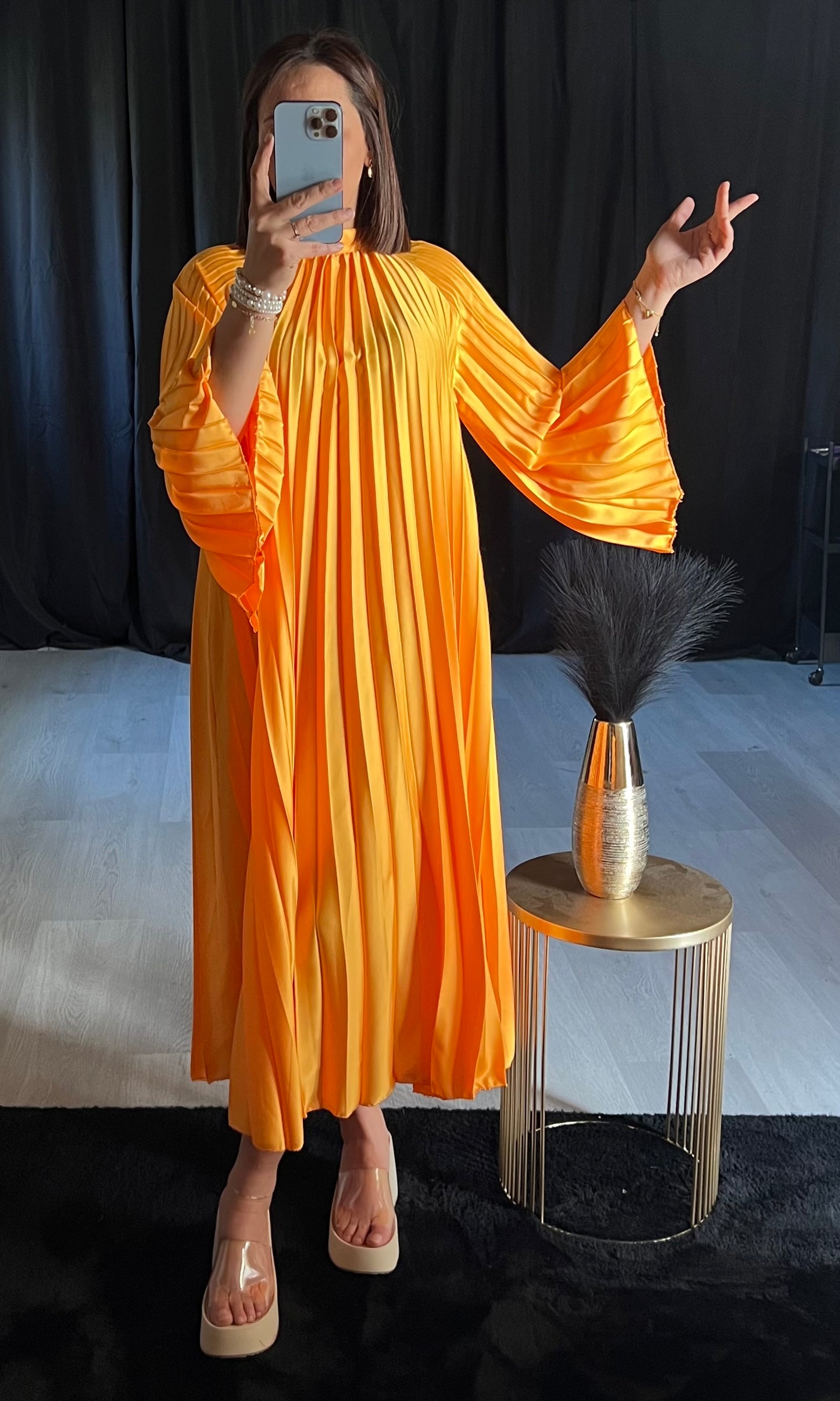 Robe Plissée Orange Manches Longue - Kify By S