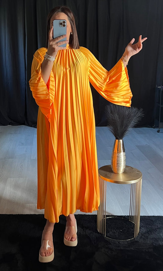 Robe Plissée Orange Manches Longue - Kify By S