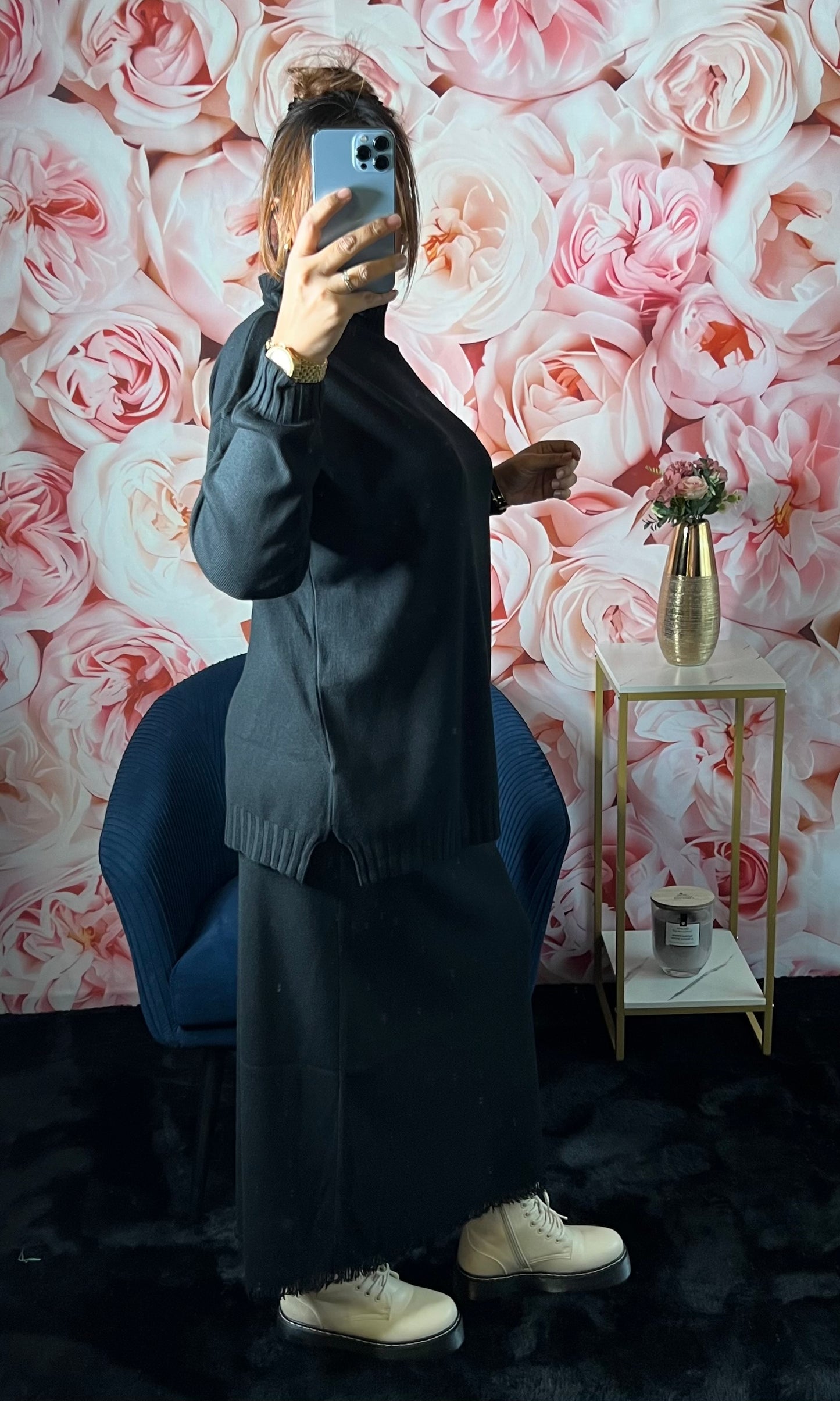 Ensemble Pull Col montant et Jupe avec Frange (noir)