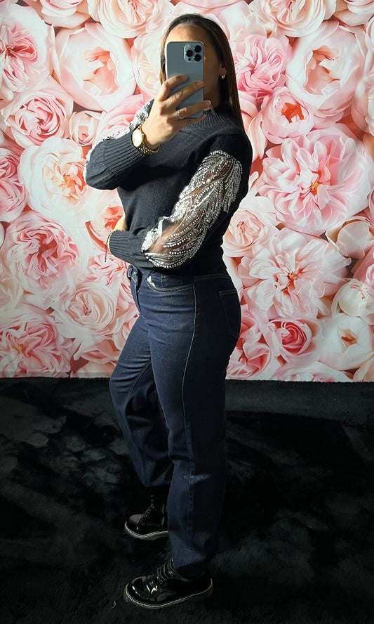 Pull En Maille Broderie Perlé sur les Manches