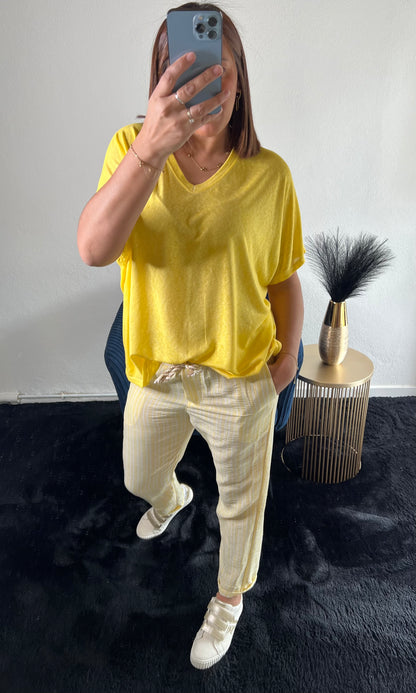 Pantalon Lin à Rayures Jaune - Kify By S