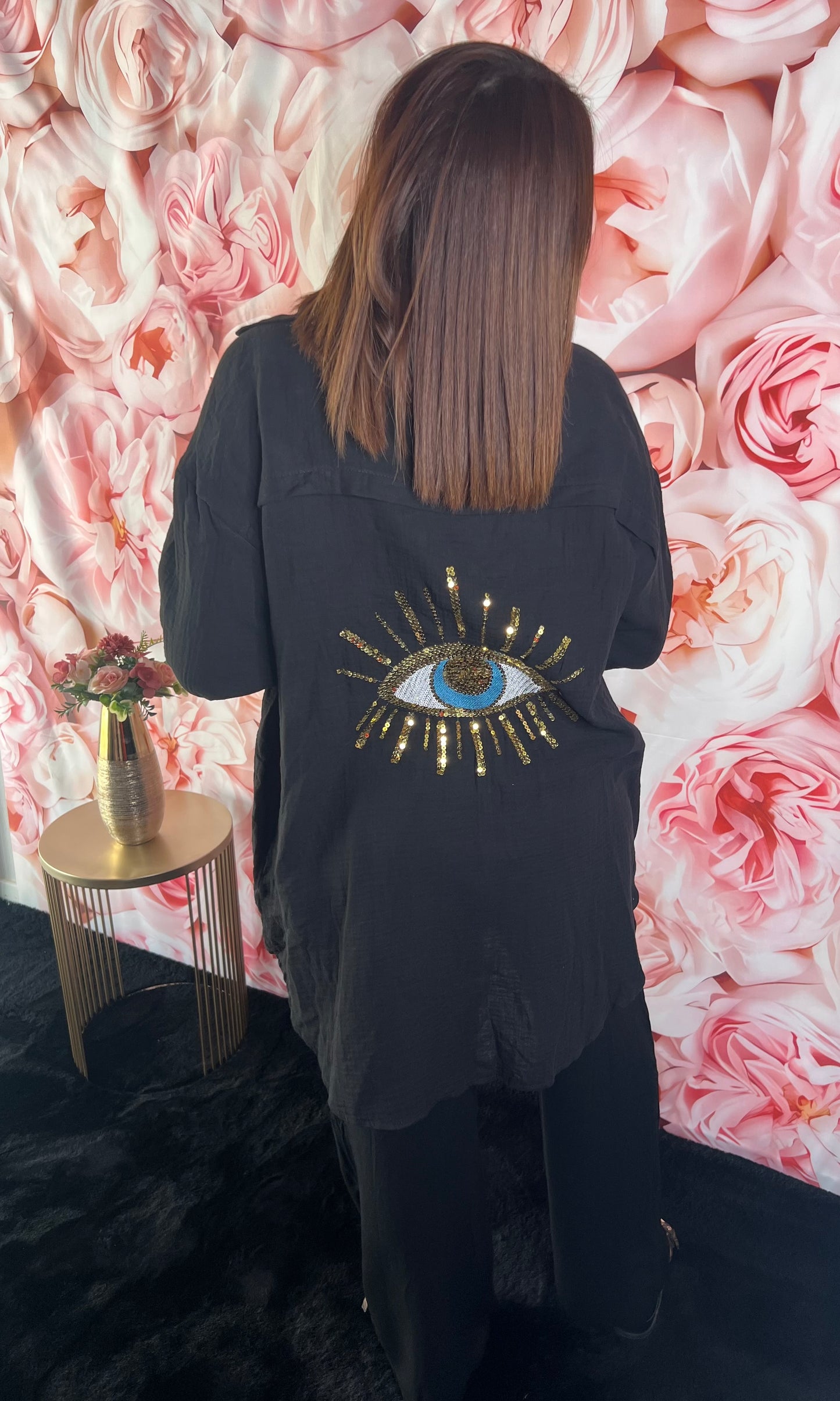 Chemise Gaz de Coton Noir Motif Œil