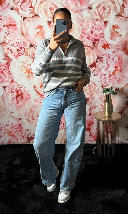 Pull Maille à Rayures et Fermetures au Col