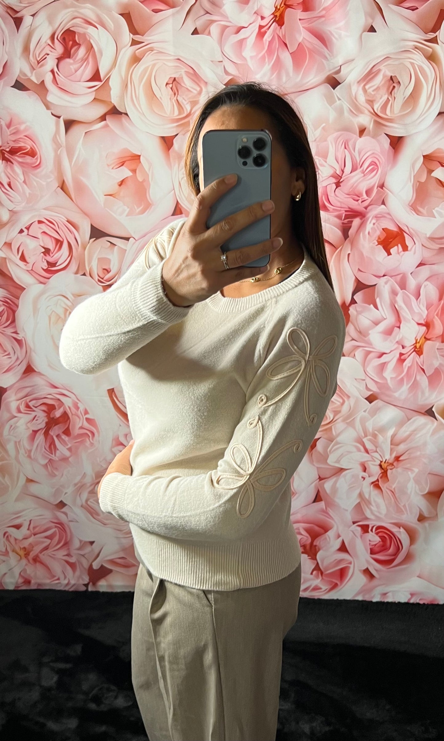 Pull Maille à Broderie Fleurs Manches