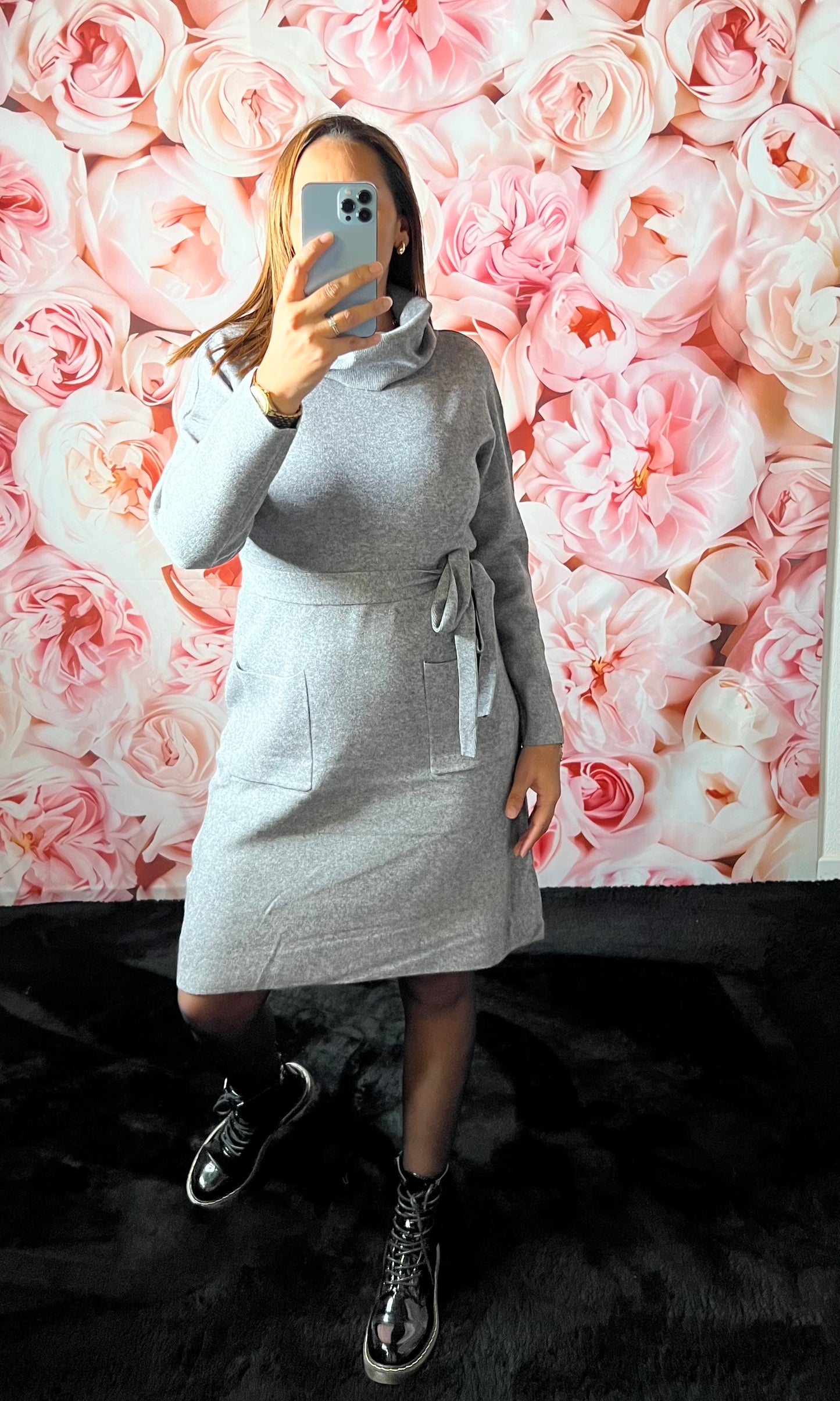 Robe Pull Grise avec poches et ceinture