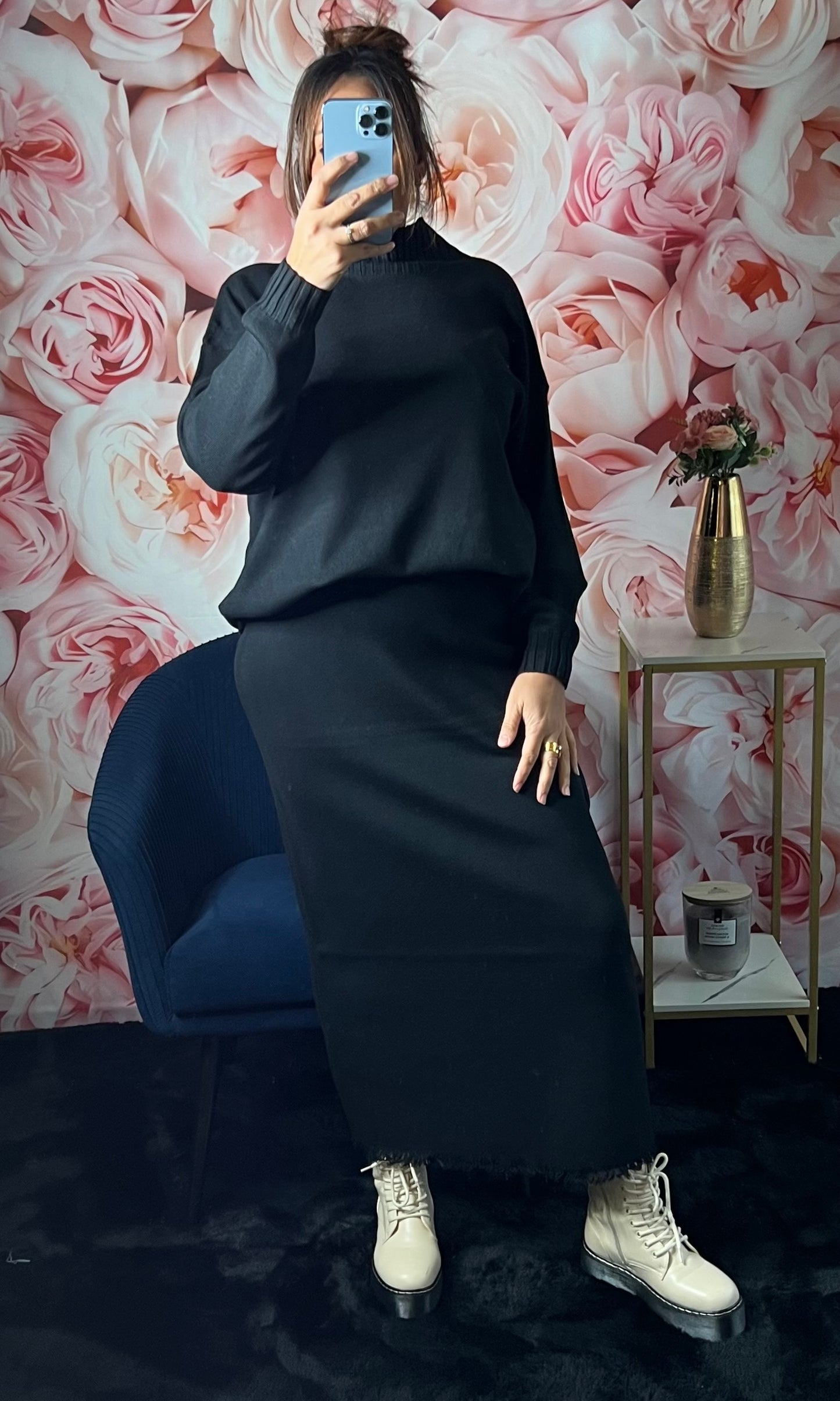 Ensemble Pull Col montant et Jupe avec Frange (noir)