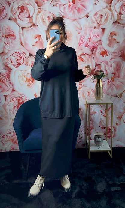 Ensemble Pull Col montant et Jupe avec Frange (noir)