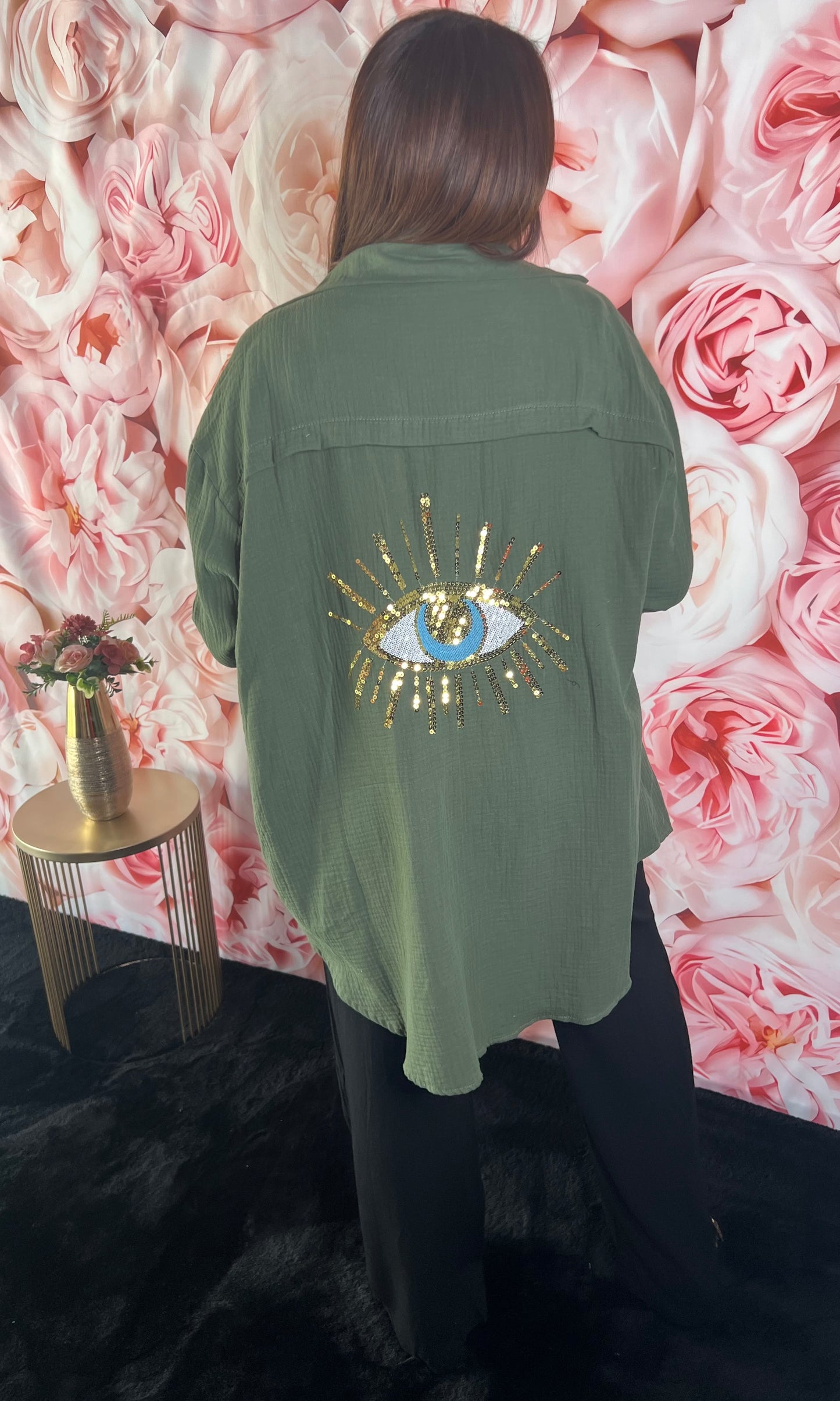 Chemise Gaz de Coton Kaki Motif Œil